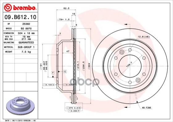 Диск тормозной задний HYUNDAI H-1/Grand Starex 07-> /Vent D=324mm BREMBO 09.B612.10 Brembo арт. 09.B612.10