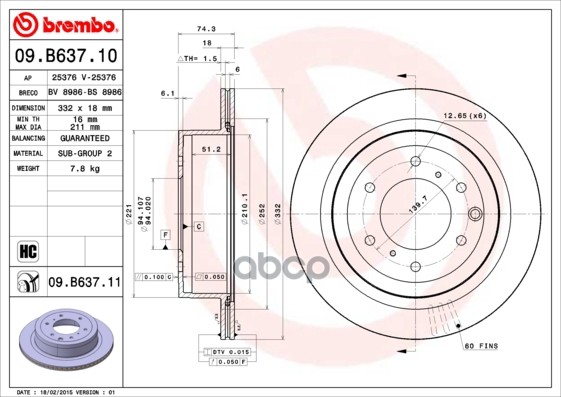 Диск тормозной задн. с УФ покрытием MITSUBISHI PAJERO IV (V8_W  V9_W) 11/06-> / MITSUBISHI PAJERO IV Brembo арт. 09.b637.11