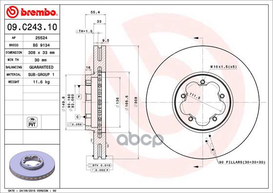 Диск тормозной передний вентилируемый PVT 308мм Brembo арт. 09C24310