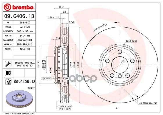 Диск Тормозной Композитный Передн. Правый Bmw 5 (F10) 01/09-10/16 / Bmw 5 Gran Turismo (F07) 01/09-> Brembo арт. 09.c406.13