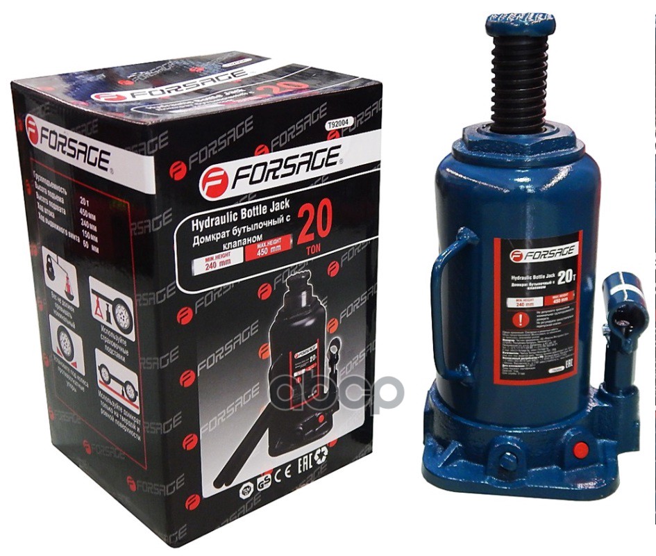 Домкрат Бутылочный 20 Т, Высота Подхвата 240 Мм, Высота Подъма 450 Мм, С Клапаном И Доп. Ремкомплектом, Вес 10,5 Кг FORSAGE а...