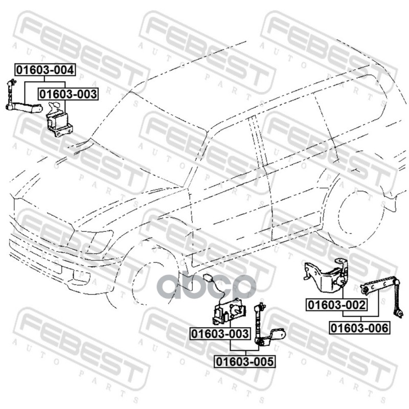 Датчик положения кузова передний правый (с кронштейном, с проводкой, с тягой) Febest арт. 01603004