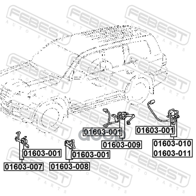 Датчик положения кузова задний правый (с кронштейном, с проводкой, с тягой) Febest арт. 01603009