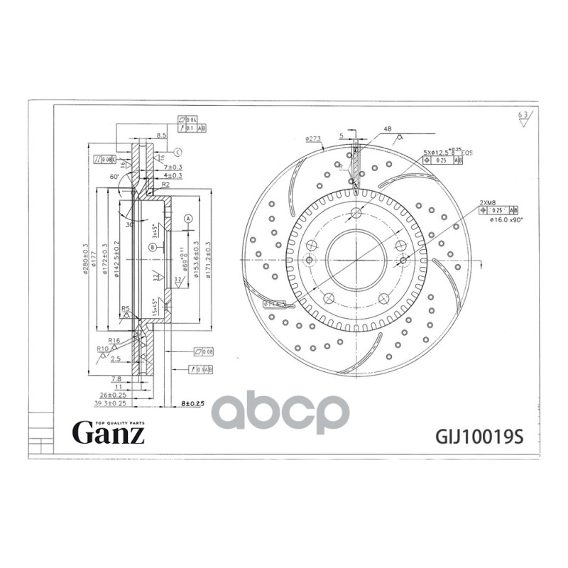 Диск тормозной передний перфорированный PRO-Line с покрытием (компл.2 шт) HYUNDAI Tucson/Sonata/Elantra/Cerato GANZ GIJ10019S...