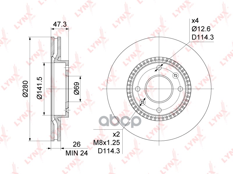 Диск тормозной передний (280x26) HYUNDAI Elantra(XD) 1.6-2.0 01-06 / Sonata(EF) 2.0-2.7 01-05  KIA M LYNXauto арт. bn-1052