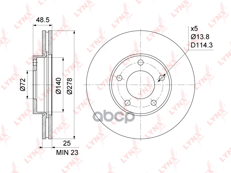 Диск тормозной передний (278x25) подходит для MAZDA 3(BK/L) 14-2.2D 03 / 5(CR/W) 1.8-2.0 05 / Premacy(CP) 2.0 05 BN-1071 LYNX...