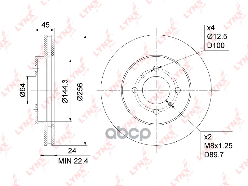 Диск тормозной передний (256x24) MITSUBISHI Lancer(CS) 1.3-2.0 03> / Lancer V-VI 1.5-1.8 92-03 LYNXauto арт. bn-1089