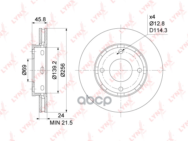 Диск тормозной передний (256x24) MITSUBISHI Colt(Z2 / Z3) 1.1-1.5 04-12  SMART Forfour 1.1-1.5D 04-0 LYNXauto арт. bn-1094