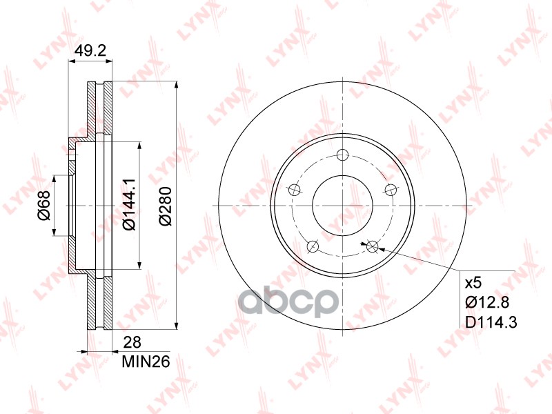 Диск тормозной передний (280x28) NISSAN Primera(P12) 1.6-2.5 02> / X-Trail(T30) 2.0-2.5 01> / Maxima LYNXauto арт. bn-1108