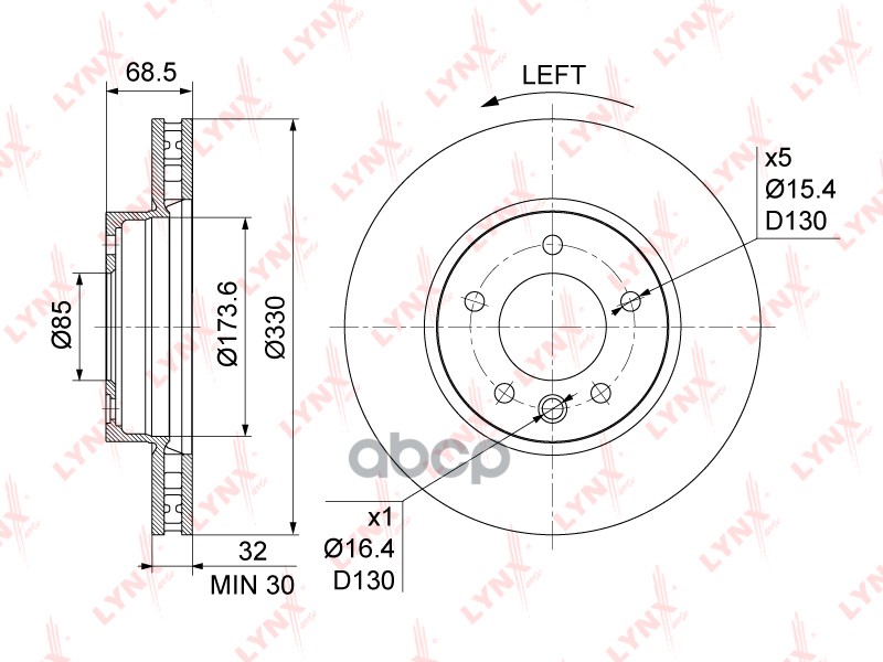 Диск тормозной передний L (330x32) подходит для VW Touareg(7L/P) 2.5D-5.0D 02, PORSCHE Cayenne I 3.0D-4.5 06-10 BN-1212L LYNX...