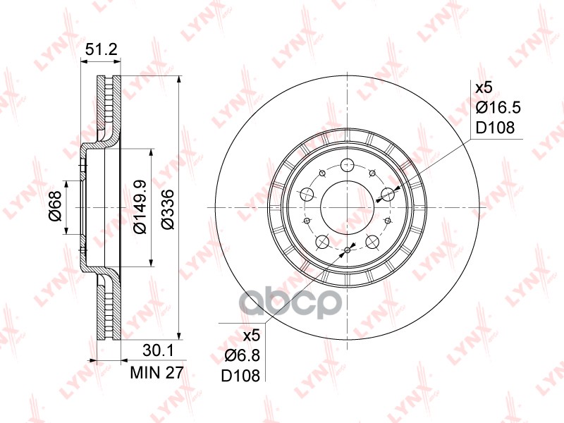 Диск тормозной передний (336x30) VOLVO XC90 I 2.5T-4.4 02-12 LYNXauto арт. bn-1216