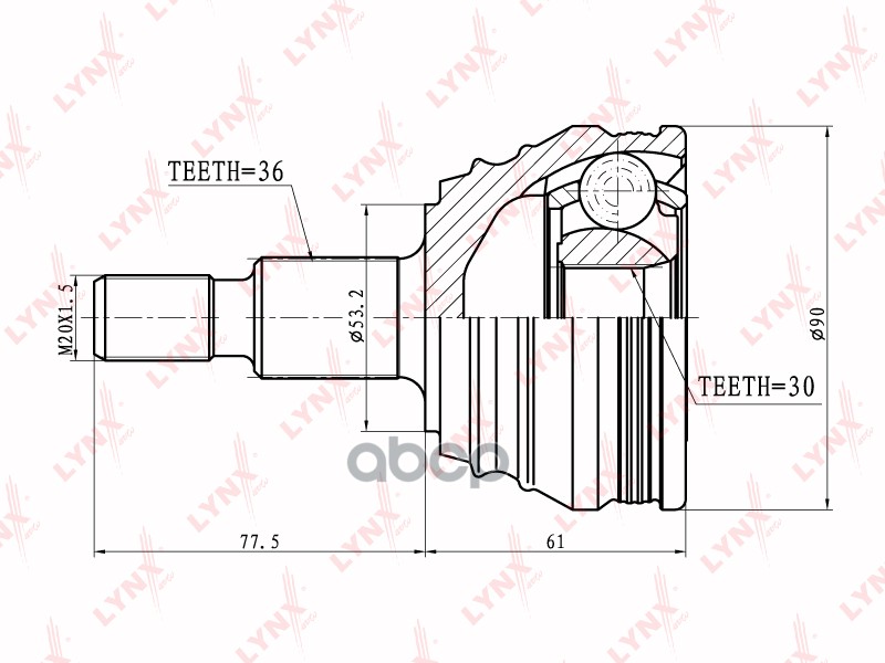 ШРУС наружный AUDI A3 1.6-1.9TD 96-00/1.8 96> / TT 1.8 02-06  SKODA Octavia 1.6-2.0 97>  VW Golf IV LYNXauto арт. co-8002