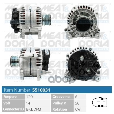 Генератор 14V 120A Audi A2 (8Z0)  A3 (8L1)  Vw Golf Iii/Iv/V MEAT & DORIA арт. 5510031