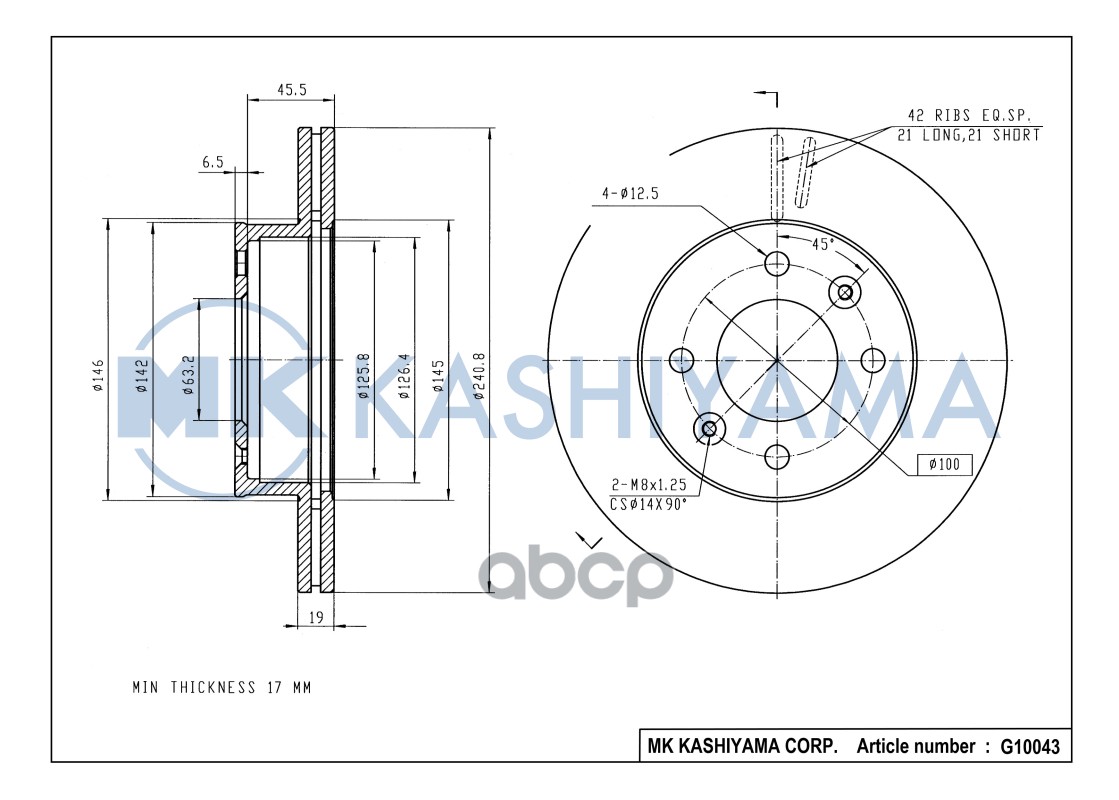 Диск тормозной передний HYUNDAI ACCENT (LC) 00-06 G10043 MK KASHIYAMA арт. G10043