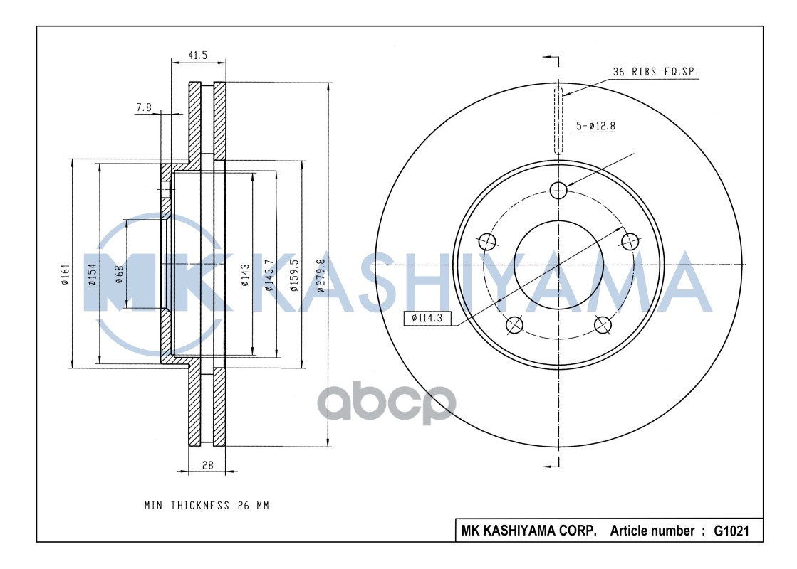 Диск тормозной передний NISSAN X-TRAIL (T30)/MAXIMA QX (A33)/PRIMERA (P12) G1021 MK KASHIYAMA арт. G1021