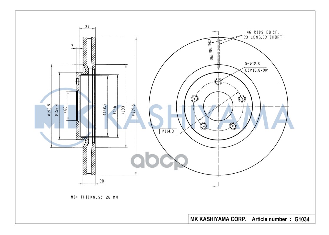 Диск тормозной передний NISSAN QASHQAI 07-/X-TRAIL 07-/RENAULT KOLEOS 08- G1034 MK KASHIYAMA арт. G1034