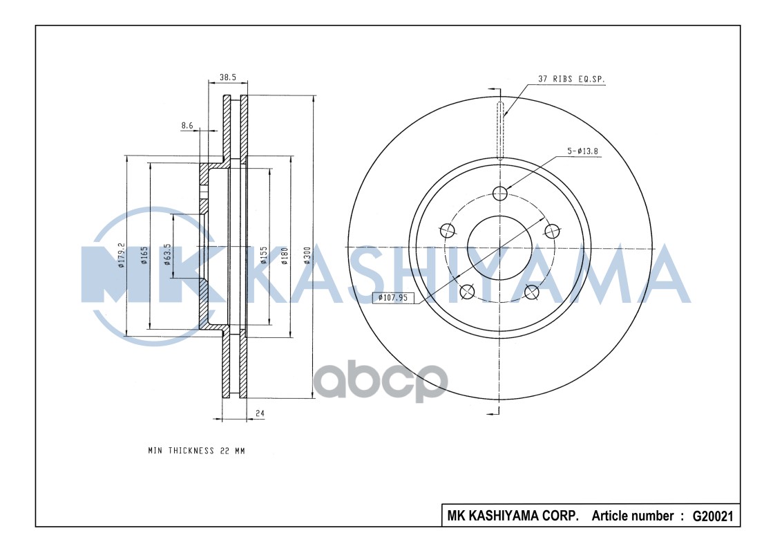 Диск тормозной передний FORD MONDEO III 00/ JAGUAR X-TYPE 01 G20021 MK KASHIYAMA арт. G20021
