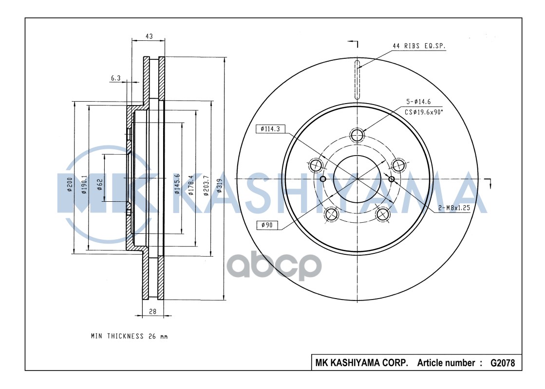 Диск тормозной передний LEXUS RX300/RX350/RX400 03 G2078 MK KASHIYAMA арт. G2078