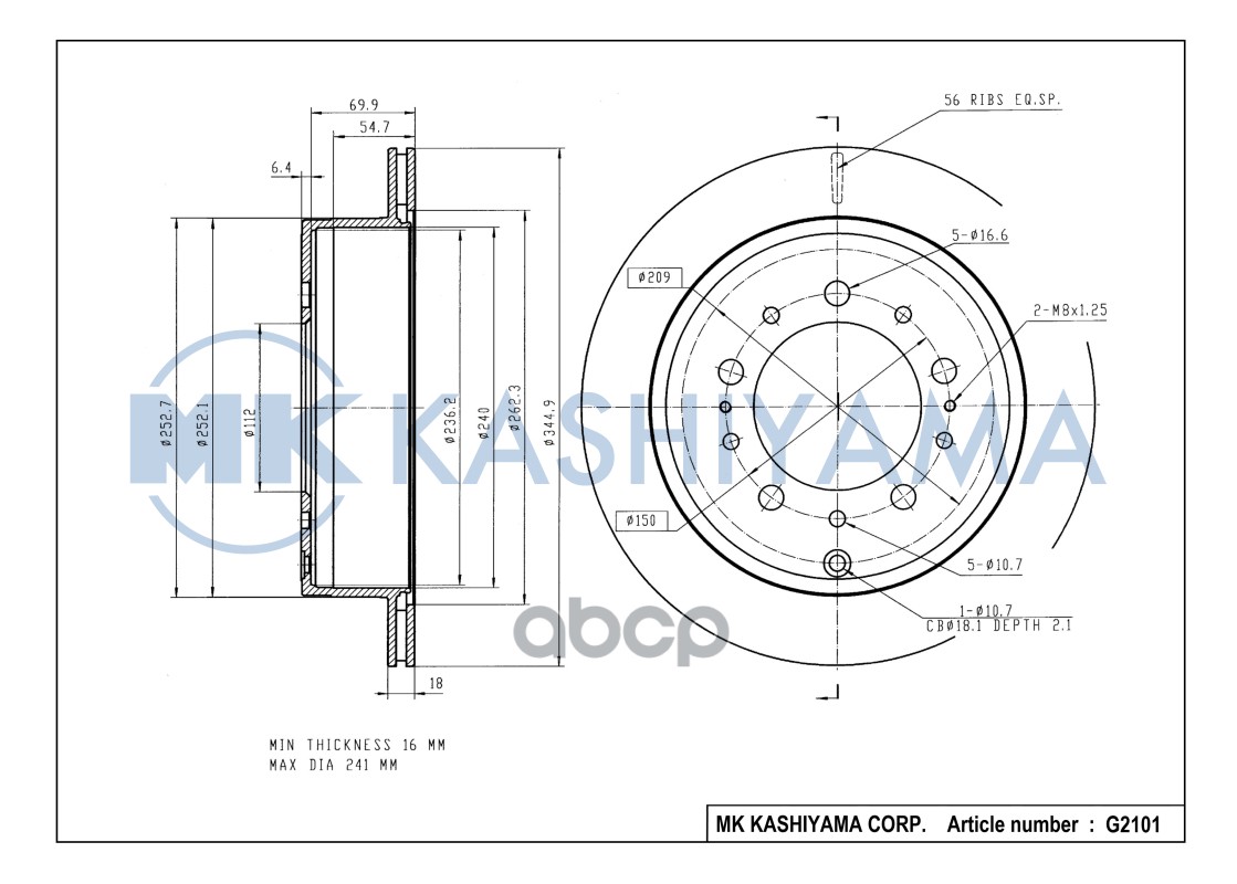 Диск тормозной задний TOYOTA LAND CRUISER J200 4.5D/4.7 07-/LEXUS LX570 08- G2101 MK KASHIYAMA арт. G2101