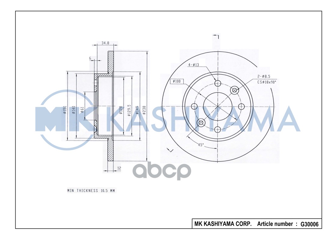 Диск тормозной передний не вентилируемый RENAULT LOGAN/CLIO/MEGANE/SANDERO G30006 MK KASHIYAMA арт. G30006