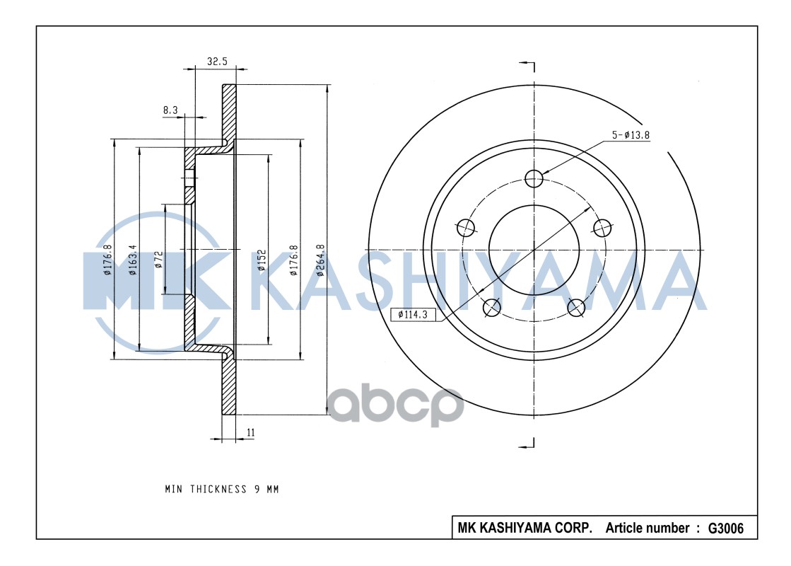 Диск тормозной задний MAZDA 3 1.4-2.0 03- G3006 MK KASHIYAMA арт. G3006