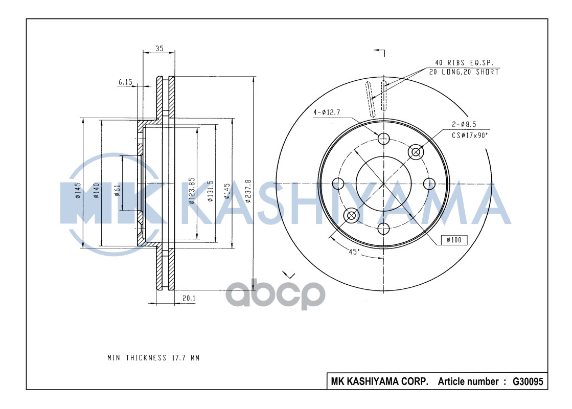 Диск тормозной передний NISSAN KUBISTAR/RENAULT CLIO 91-/KANGOO 97-/MEGANE 96-99 G30095 MK KASHIYAMA арт. G30095