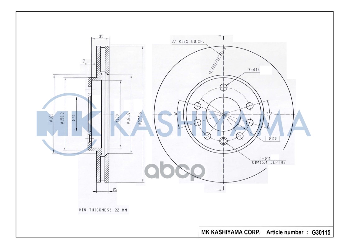 Диск тормозной передний OPEL ASTRA G/H 98-09/MERIVA 03-/ZAFIRA 99- G30115 MK KASHIYAMA арт. G30115