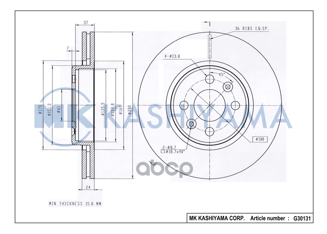 Диск тормозной передний RENAULT KANGOO 01-/LAGUNA 95-01/MEGANE 96-/SCENIC 99- G30131 MK KASHIYAMA арт. G30131