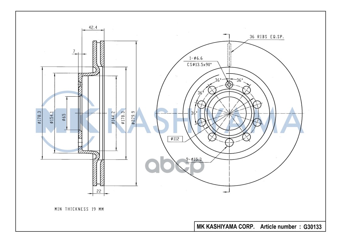 Диск тормозной передний AUDI A3 03-/SKODA OCTAVIA/VW GOLF V/VI/JETTA III G30133 MK KASHIYAMA арт. G30133
