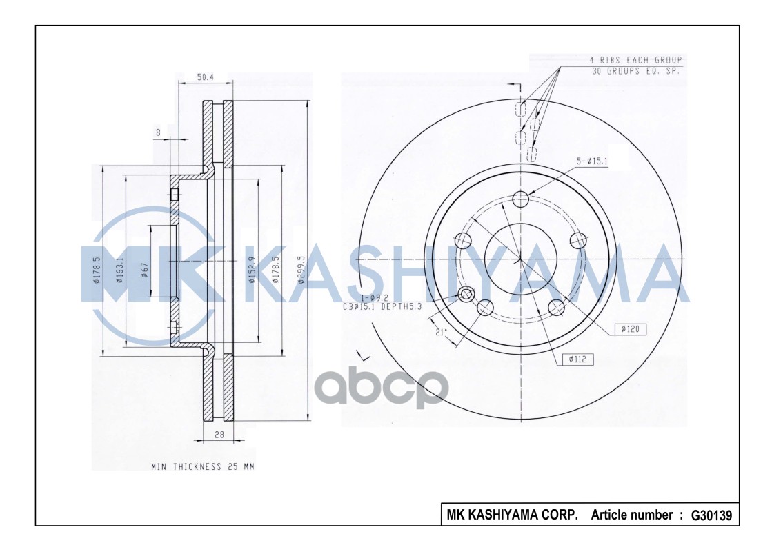 Диск тормозной передний MERCEDES VIANO/VITO W639 2.0-3.7 03- G30139 MK KASHIYAMA арт. G30139