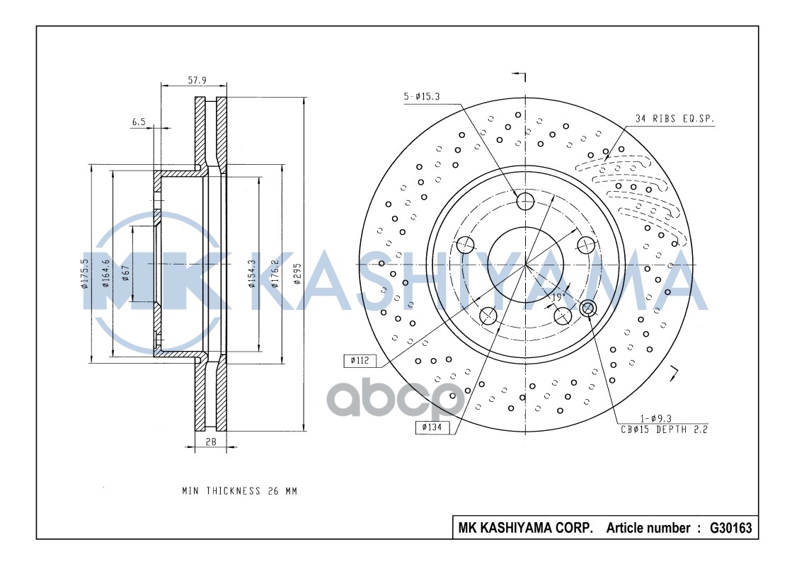Диск тормозной передний с перфорацией MERCEDES W204/W212 09- G30163 MK KASHIYAMA арт. G30163