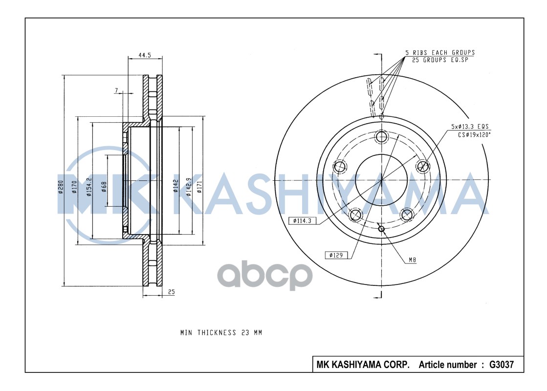 Диск тормозной передний MAZDA 3 13- G3037 MK KASHIYAMA арт. G3037