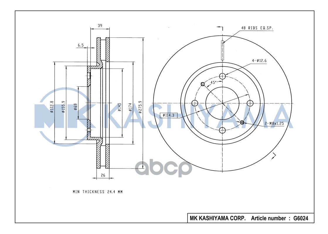 Диск тормозной передний MITSUBISHI GALANT VI 9604/LANCER 03 G6024 MK KASHIYAMA арт. G6024
