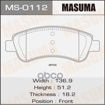 Колодки Передние Peugeot 206 Masuma Ms-0112 Masuma арт. MS-0112