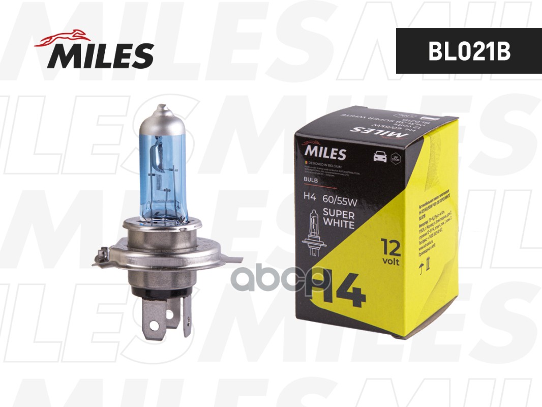 Лампа галогеновая головного света H4 12V 60/55W P43t-38 Super White 1шт Miles арт. BL021B