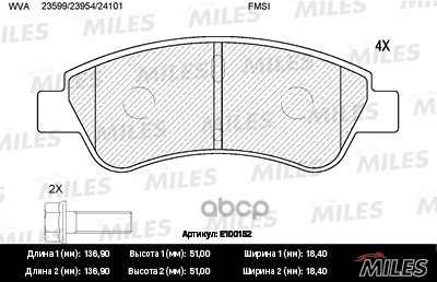 Колодки тормозные CITROEN C4 03-/PEUGEOT 307/PARTNER 1.4/1.6 -ESP передние Miles арт. e100152
