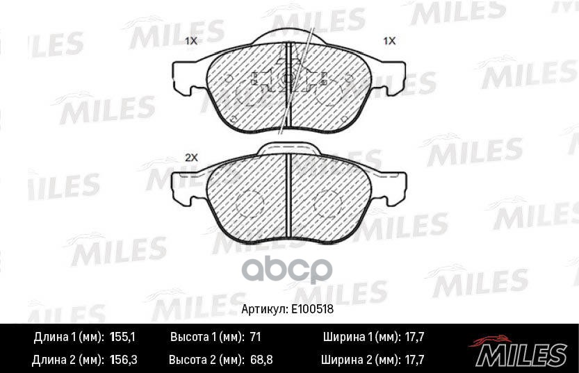 Колодки тормозные передние (Смесь Semi-Metallic) RENAULT LAGUNA 01-/SCENIC 03- (TRW GDB1468) E100518 Miles арт. E100518