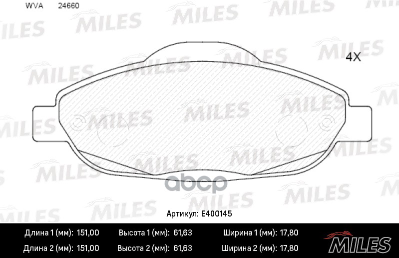 Колодки тормозные передние (без датчика + болты) (Смесь Low-Metallic) (PEUGEOT 3008, 308) (TRW GDB1761) E400145 Miles арт. E4...