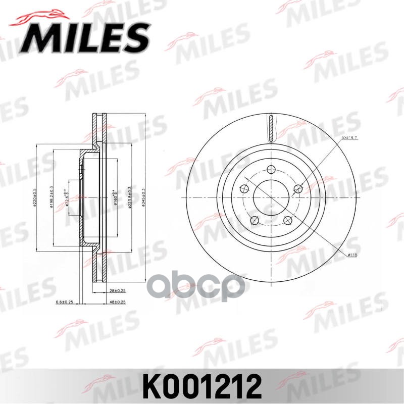 Диск тормозной передний вентилируемый  CHRYSLER 300C 04- D=345 мм. (ISO 9001). Miles арт. k001212
