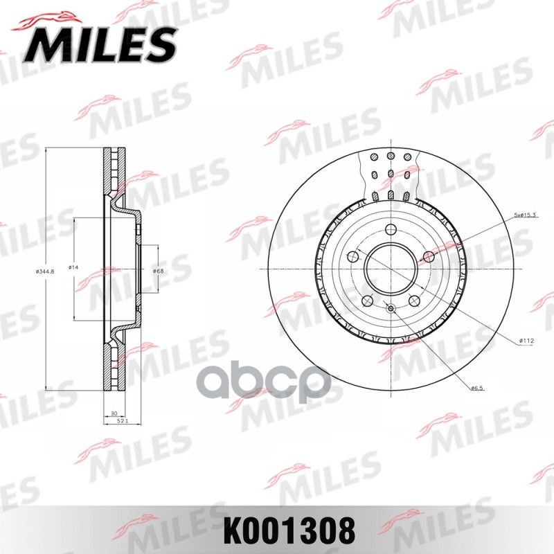 Диск тормозной передний вентилируемый AUDI A4/A5/A6/A7/Q5/ c 2008-  Porche Macan c 2014-   D=345 мм. Miles арт. k001308