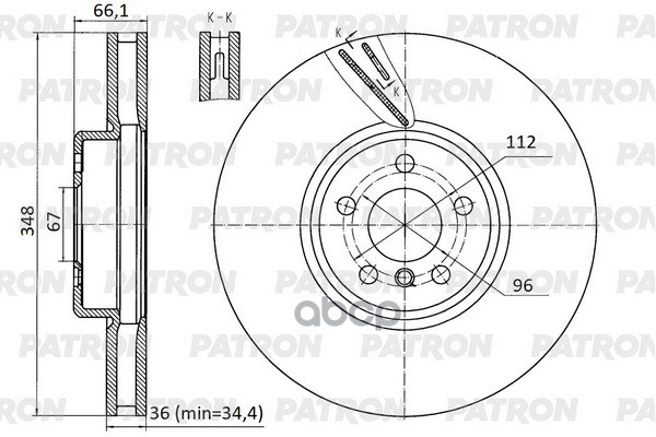 Диск тормозной пер. прав. BMW 3/4/5/6/7/8/X3/X5/X6/X7-series 17- (M-sport, d  348 mm) PBD1135 PATRON арт. PBD1135