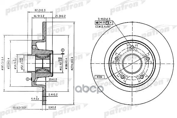 Диск тормозной задн c подшипником и магнитным кольцом сенсора ABS (1 шт.) PATRON арт. PBD7013
