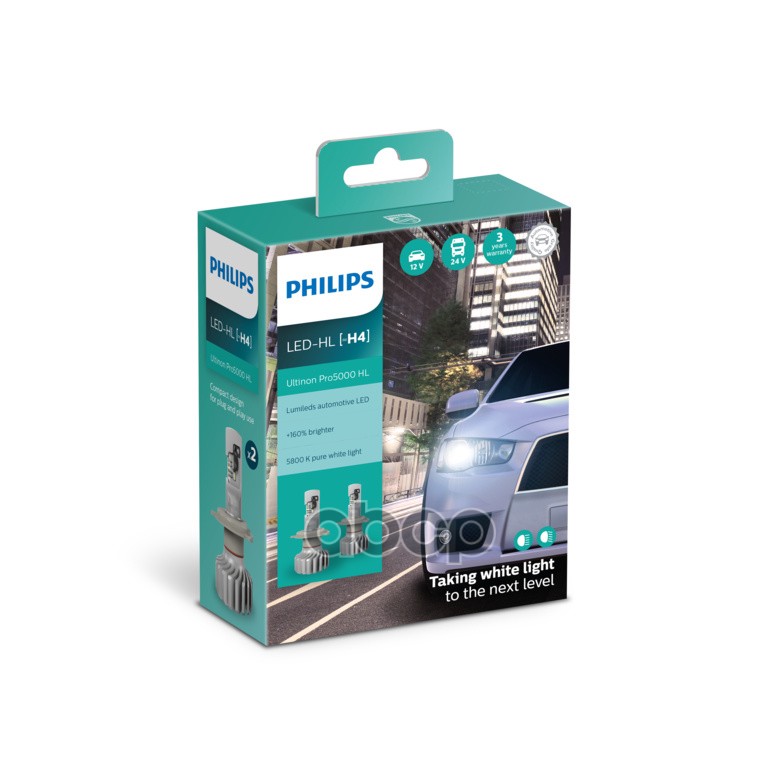 Комплект Светодиодных Ламп H4 12V Led H4 2Шт (Белый Свет, Яркость +160%) Philips арт. 11342U50CWX2