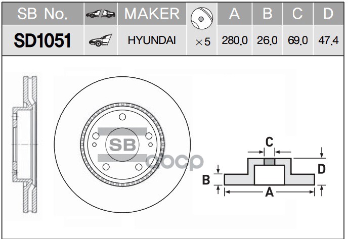 Диск тормозной HYUNDAI TUCSON 06-/i30 09-/KIA CEED 06-/SPORTAGE 04- передний SD1051 Sangsin brake арт. SD1051