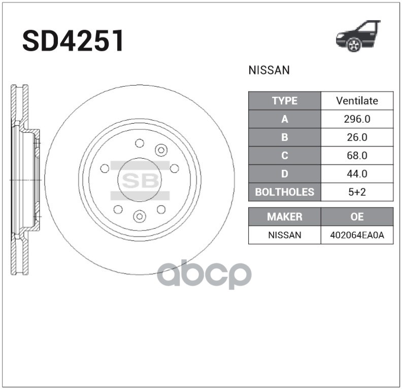 Диск тормозной (Спереди) Nissan Leaf 09-17 / Qashqai 13-22 Sangsin brake арт. SD4251