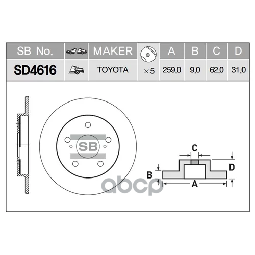 Диск тормозной (Сзади) Toyota Corolla (E150,E180) 06-19 / Auris 06-18 Sangsin brake арт. SD4616