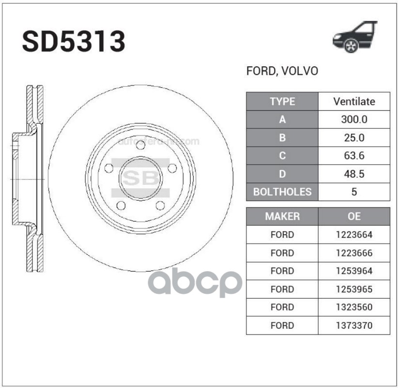 Диск тормозной передний D=300mm  FORD FOCUS II DA 04-12 Sangsin brake арт. sd5313