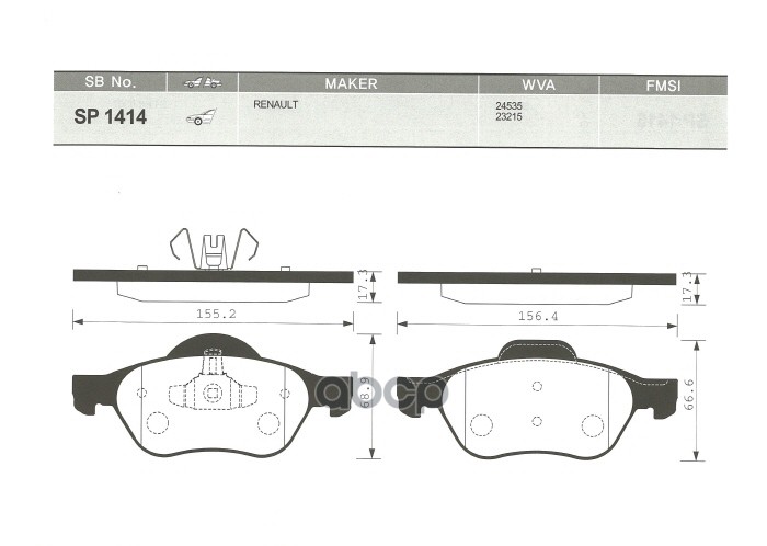 Колодки тормозные RENAULT MEGANE II/SCENIC II передние SP1414 Sangsin brake арт. SP1414