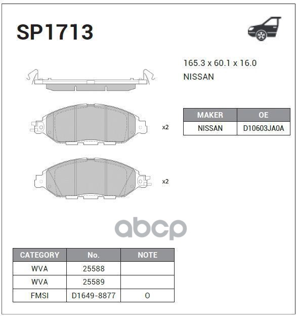 Колодки передние NISSAN MURANO III (Z52) 14-, PATHFINDER (R52) 12- SP1713 Sangsin brake арт. SP1713