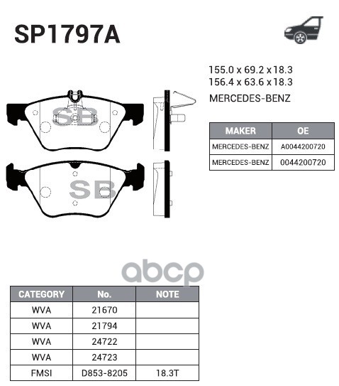 Колодки передние MERCEDES E W211 4-matic SP1797A Sangsin brake арт. SP1797A